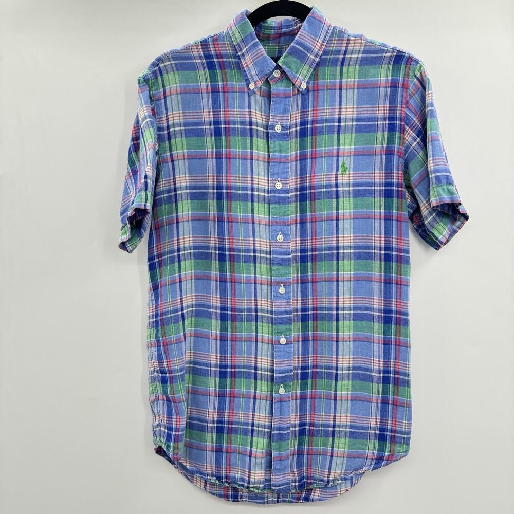 Ralph Lauren Men's 100% Linen Button Down Shirt Sz S Blue Plaid Short Sleeve